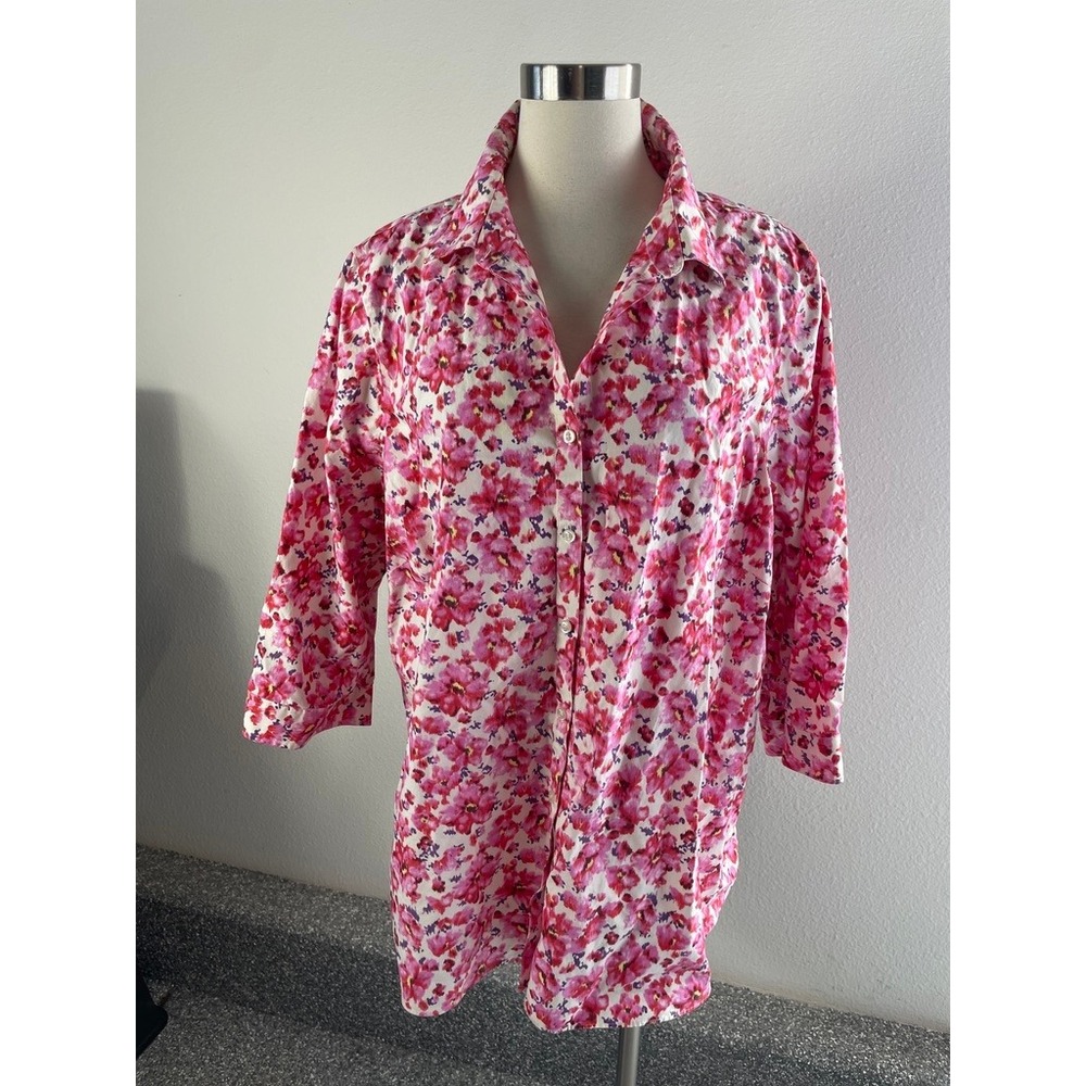 Lands End Womens Plus 24W Pink Floral No Iron Supima Cotton Button Up Shirt
